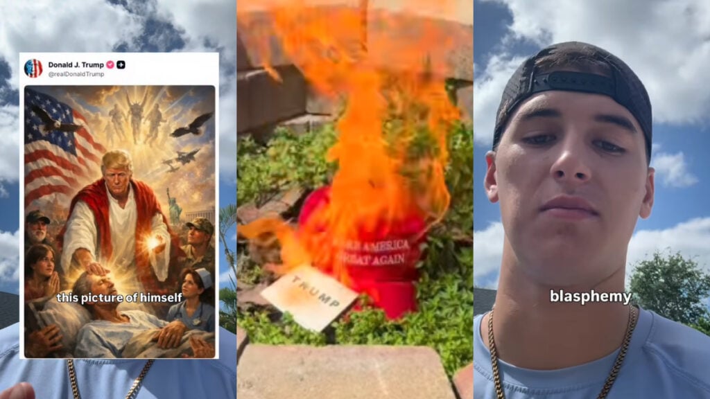 Florida Man Burns MAGA Hat in Reponse to Trump Depicting Himself as Jesus: ‘Straight Up Blashpemy’ Trump Jesus MAGA hat