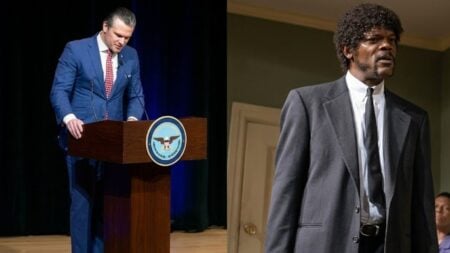 Defense Secretary Pete Hegseth stands at a podium at a Pentagon worship service in Arlington, Virginia, reading from a paper as he recites what attendees and online viewers quickly identified as the fictionalized version of Ezekiel 25:17 made famous by the 1994 film Pulp Fiction.
