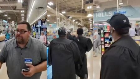 The interior of a grocery store aisle representing the viral confrontation at a Nashville Tennessee Kroger over loud gospel music.