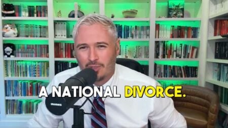 A political commentator speaking directly to camera about the idea of a national divorce between red and blue states in America.