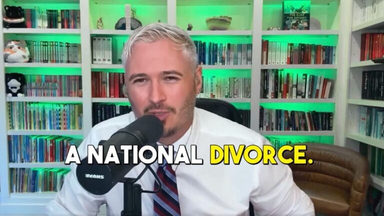 A political commentator speaking directly to camera about the idea of a national divorce between red and blue states in America.