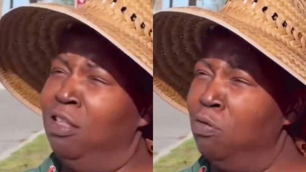 A Florida woman wearing a straw hat reacts on camera to Florida's new SNAP benefit restrictions, saying she can no longer buy coffee creamer or ice cream with her EBT card.