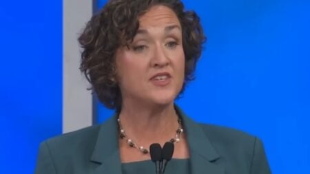 California gubernatorial candidate Katie Porter said she would “absolutely fight” the Trump administration when asked if truck drivers should read English road signs. The debate moment, shared by Collin Rugg on X, has sparked strong online reactions.