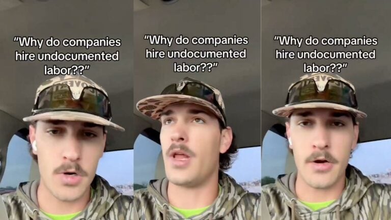 An Austin, Texas construction worker speaks to camera on a job site, describing how his deported coworker Marvin called from Mexico to apologize and brief him on unfinished work.