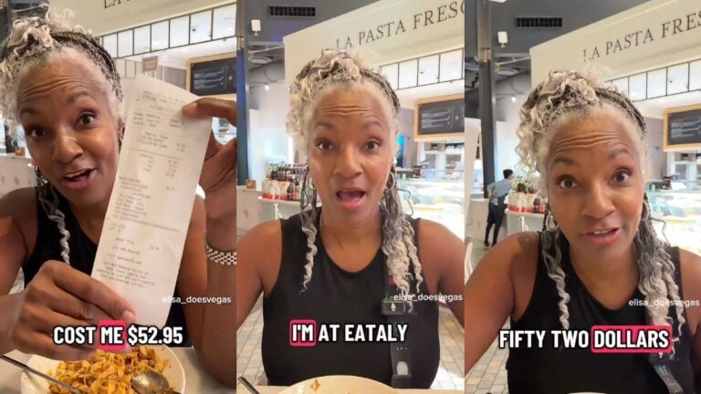 A California woman holds up a $52.95 receipt at Eataly inside Park MGM on the Las Vegas Strip, showing a bowl of pasta and a bottle of Pellegrino sparkling water on the table in front of her.