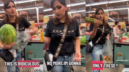 A Florida woman wearing a black shirt stands at a grocery store checkout in Tampa, holding up vegetables while reacting with visible frustration after her EBT card was declined for chips and snacks under Florida's new SNAP benefit restrictions.