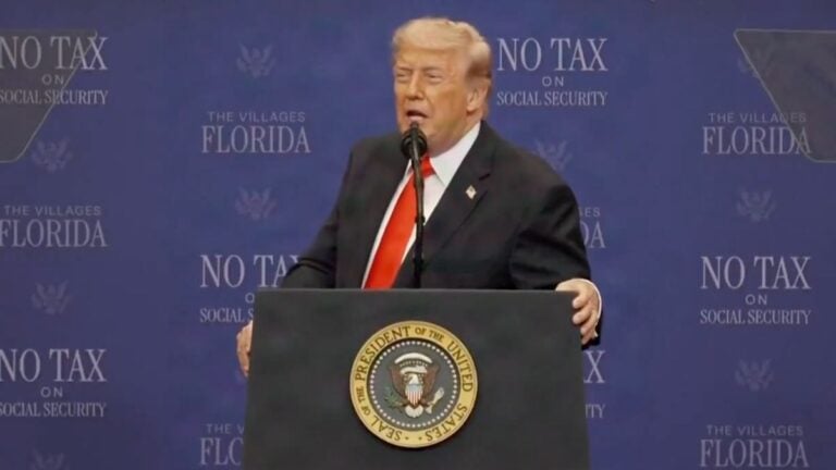 President Donald Trump speaks at The Villages Charter School in The Villages, Florida on May 1, 2026, during which he launched a pointed attack on Minnesota Rep. Ilhan Omar, repeating long-standing unproven claims about her marriage.