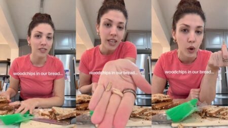A Dallas, Texas woman stands at her kitchen counter breaking apart slices of Dave's Killer Bread, pulling out and displaying multiple wood-like fragments and splinters found embedded throughout the loaf, which she says she almost fed to her young daughter.