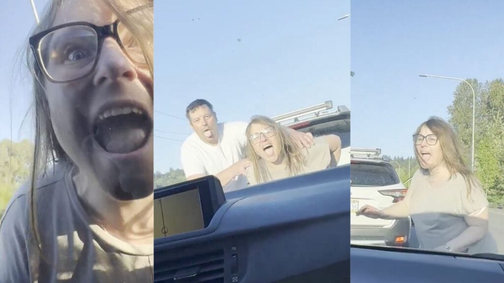 Footage from Auburn, Washington, shows a white Subaru Outback stopped in the middle of a busy highway lane with the passenger door open, while a woman leans out screaming at other drivers.