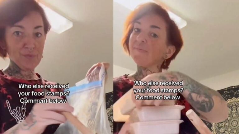 A Pennsylvania woman prepares taco pasta in her kitchen and stores leftovers in containers, captioning the video with a complaint about her EBT benefits being partially loaded that month.