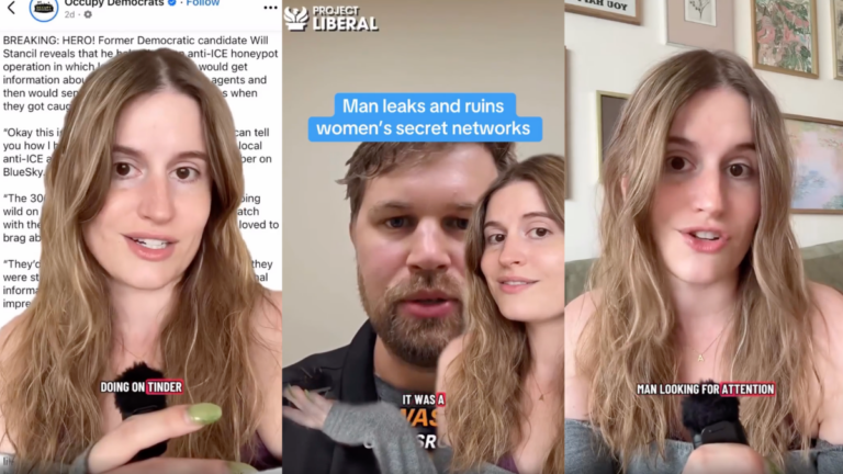 A woman speaks directly to camera in a video explaining how a grassroots network of Minnesota women used Tinder to extract operational details from ICE agents in Minneapolis, and calling out the man who publicly exposed the operation before they were finished.