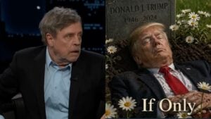 Mark Hamill Faces Backlash After Posting Image of ‘Deceased’ Trump Lying in a Grave: ‘Pure Evil’ A picture of Mark Hamill and Trump.