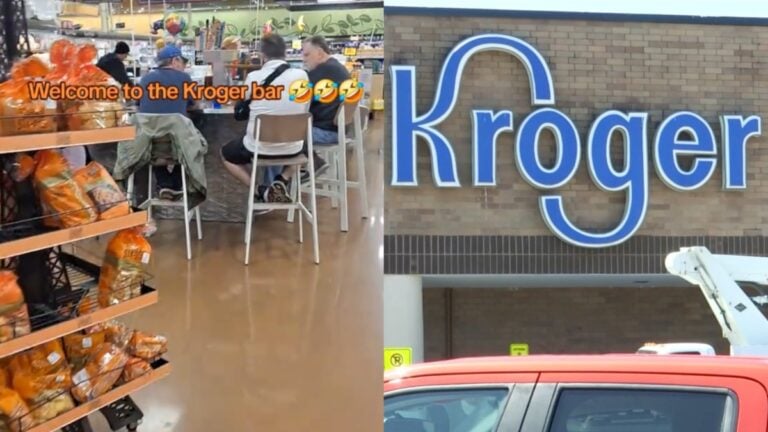 Shoppers waiting in long checkout lines inside Georgia Kroger