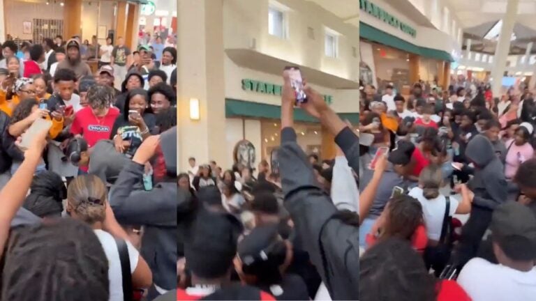 Hundreds of teenagers pack a Houston, Texas mall corridor near a Starbucks location, with many raising phones to record the scene during a social media-organized teen takeover event that prompted youth curfews at Memorial City Mall and Willowbrook Mall.