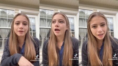 A screenshot from a TikTok video showing a woman from Coweta County, Georgia speaking directly to the camera about Georgia Power's use of easements to displace homeowners for data center infrastructure.