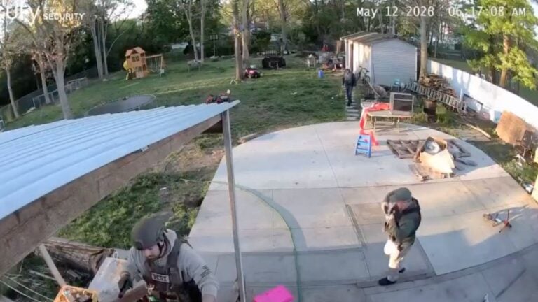 New York ICE Agents Walk Through Family’s Backyard With Weapons Drawn While Children Are Home: ‘They Are Technically Trespassing’ Security camera footage from a residential home in Brentwood, New York shows multiple ICE agents moving through a fenced backyard with weapons drawn, as one agent approaches the back door and knocks while another stands with his firearm pointed directly at the entrance.