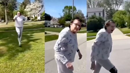 A screenshot from a viral video shows Kathy Miller, 70, a Mentor, Ohio city board member and former Trump campaign chair, confronting her Black neighbor in her front yard during a property dispute over driveway marker stakes, moments before the footage spread widely on social media.