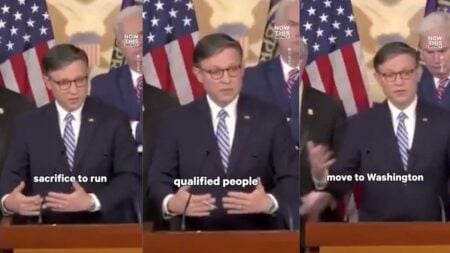 House Speaker Mike Johnson speaks at a press conference, defending congressional stock trading and arguing that frozen salaries since 2009 have made serving in Congress an "extreme sacrifice" for members and their families.