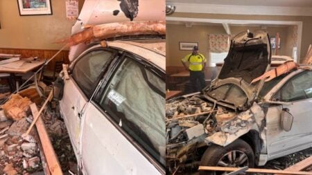 ‘It’s a Miracle Nobody Died’: Louisiana Café Destroyed After Out-of-Control Car Crashes Through Dining Room Damaged white car lodged inside a restaurant dining room