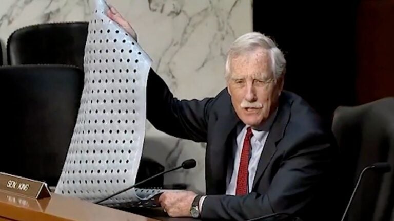 Maine Independent Sen. Angus King speaks about his Stand Strong for Medicare Act proposal, arguing that Medicare should cover the cost of fall prevention equipment including bath mats, grab bars, and handrails for seniors to prevent costly emergency room visits and deaths from household falls.