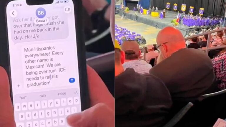 A bald, bearded man wearing glasses sits in the stands at the Farmersville High School Class of 2026 graduation ceremony at the Credit Union of Texas Event Center in Allen, Texas, holding a smartphone displaying a text message reading "ICE needs to raid this graduation" as graduates in purple gowns receive diplomas on stage behind him.