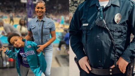 ‘If They Don’t Want to Show the Video, That Tells Me Something’: Texas Mom Demands Answers After Son Says He ‘Couldn’t Breathe’ Collage showing a mother posing with her young son at a basketball game beside a close-up of a school security guard uniform and badge.