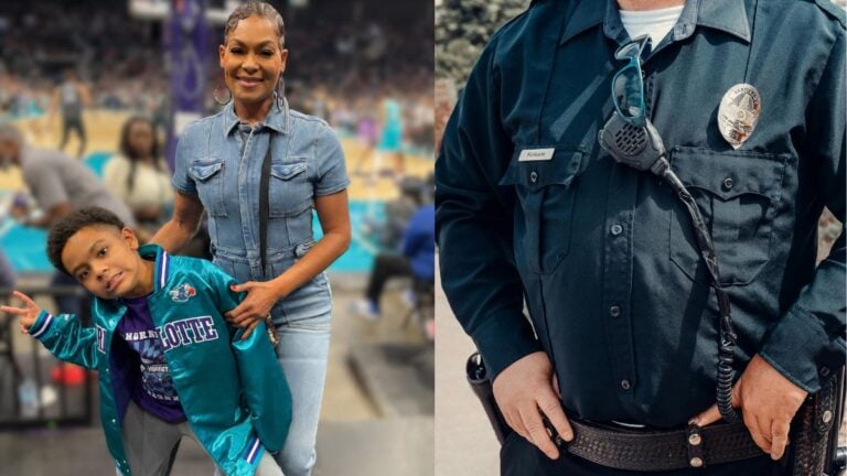 ‘If They Don’t Want to Show the Video, That Tells Me Something’: Texas Mom Demands Answers After Son Says He ‘Couldn’t Breathe’ Collage showing a mother posing with her young son at a basketball game beside a close-up of a school security guard uniform and badge.