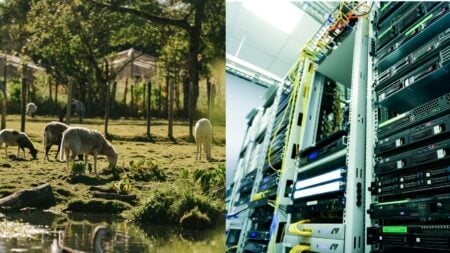 Michigan Worries About Future as Economy Pushes Farmers to Sell Prize Orchards: ‘Probably going to be turned into data centers’ Farm with animals (left), data center (right)