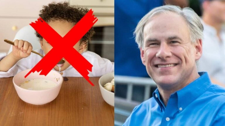 Child eating with red cross on its face (left), Texas Governor Greg Abbott (right)