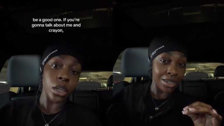 Split-screen image showing a New York ER nurse recording a TikTok storytime video from inside a car