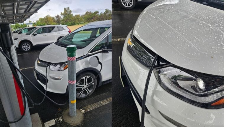 White Chevrolet parked at a California EV charging station with what appears to be an extra charging cable tucked underneath