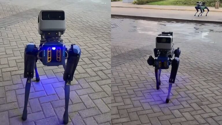 A Boston Dynamics Spot quadruped robot with Hyundai branding standing near a large stadium venue.