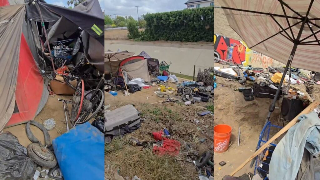 California Residents Stunned by Massive Trash-Filled Encampment: ‘Leaders Should Be Held Accountable’ A trash-covered homeless encampment next to a California waterway, showing tents, alleged stolen bicycles, and piles of hoarded items.