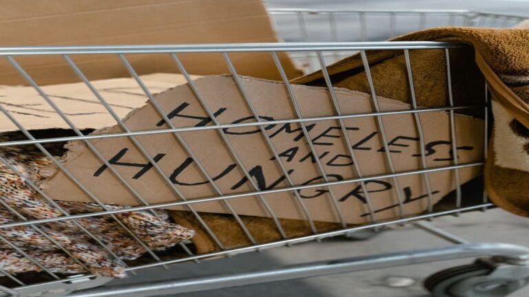 Shopping cart filled with blankets and a 'Homeless and Hungry' sign