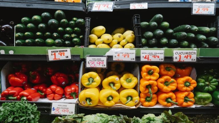 Colorful assortment of fresh vegetables at a supermarket display.