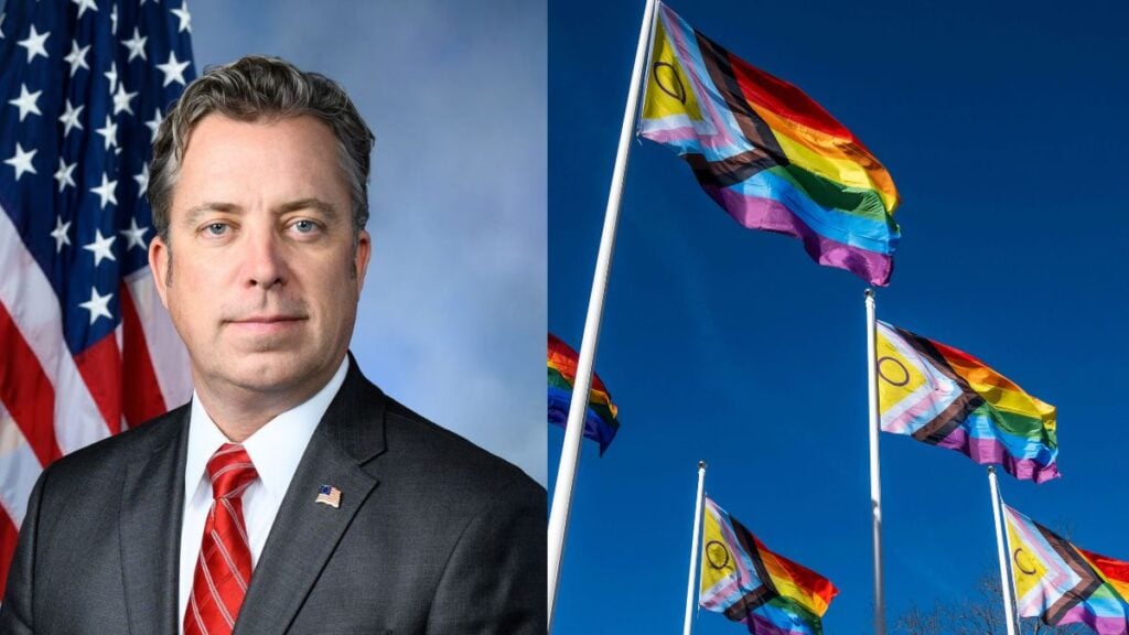 ‘Homosexuality Has No Place in America’: Tennessee Republican Faces Backlash Over Social Media Post Split image showing Tennessee Republican Representative Andy Ogles on the left and multiple Pride flags waving in the air on the right