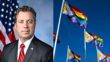Split image showing Tennessee Republican Representative Andy Ogles on the left and multiple Pride flags waving in the air on the right
