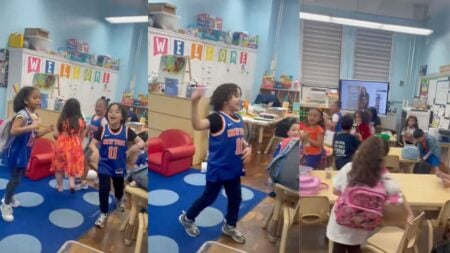 Teacher Calls Home After New York Kid Starts ‘KNICKS IN 4!’ Chant in Class: ‘Not Sure If I Should Discipline Him or Be Proud’ Young children in Jalen Brunson New York Knicks jerseys jumping and chanting enthusiastically in a classroom during the 2026 NBA Finals run.