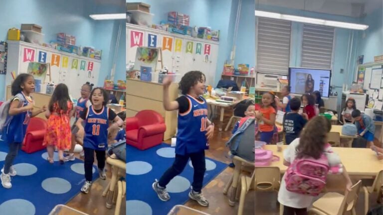 Teacher Calls Home After New York Kid Starts ‘KNICKS IN 4!’ Chant in Class: ‘Not Sure If I Should Discipline Him or Be Proud’ Young children in Jalen Brunson New York Knicks jerseys jumping and chanting enthusiastically in a classroom during the 2026 NBA Finals run.