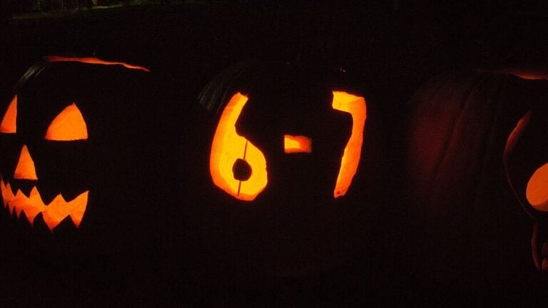 A jack-o-lantern carved with 6-7 at a jack-o-lantern event in Toronto in 2025.