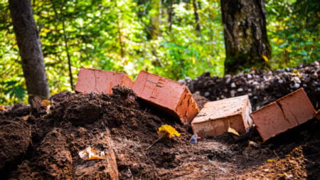 Pennsylvania Homeowner Faces $15,000 Fine After Contractor Allegedly Dumps Bathroom Debris into Nature Reserve: ‘I Was Just Trying to Save Money’ a pile of dirt sitting in the middle of a forest
