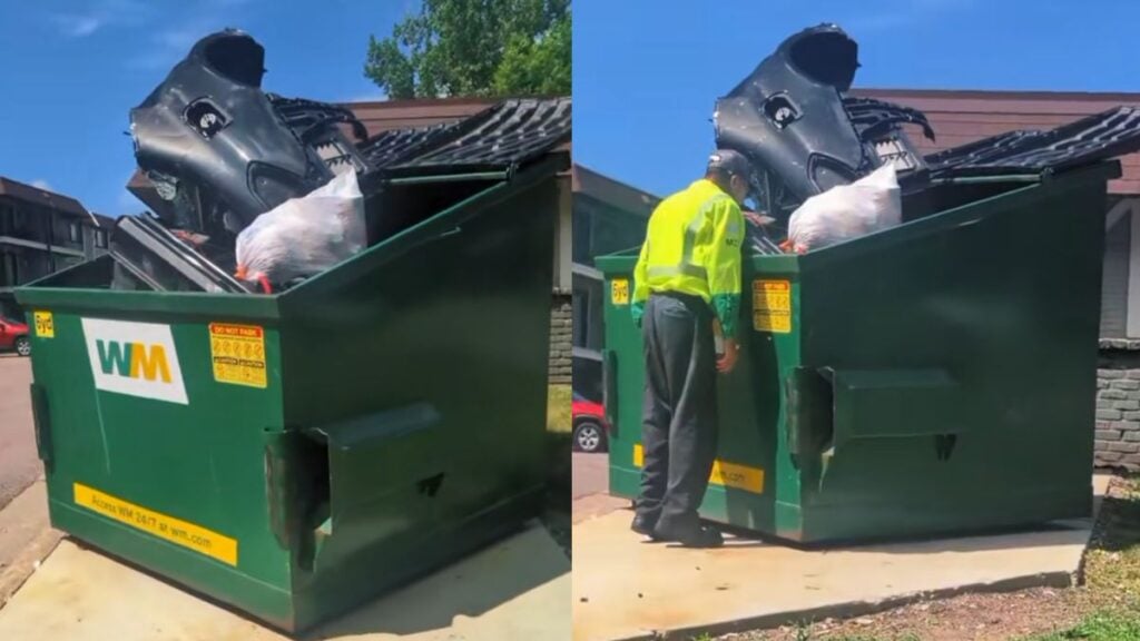 Minnesota Man Finds Car Split in Half Inside Dumpster, Even Garbage Worker Is Stunned: ‘Yet I Can’t Even Fold a Fitted Sheet’ Minnesota Man Finds Car Split in Half Inside Dumpster, Garbage Worker Left Speechless