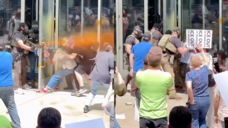 Protesters clash with U.S. Marshals outside St. Paul federal courthouse in Minnesota.