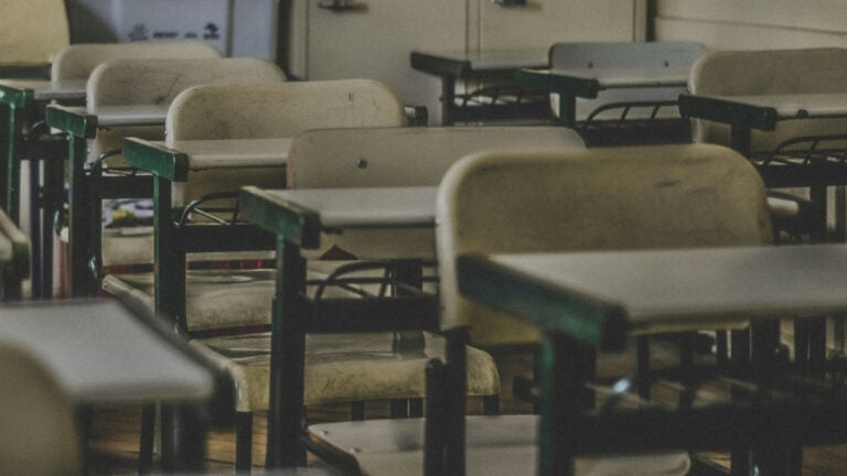 School Classroom with Worn Desks
