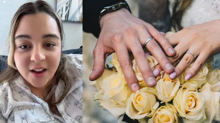 Connecticut Woman Travels Out of State for Friend’s Wedding, Then Learns She Wasn’t Actually Invited: ‘This Is the Most Classless Thing I’ve Ever Heard’ Split image showing a woman speaking in a TikTok video alongside a close-up of a bride and groom's hands