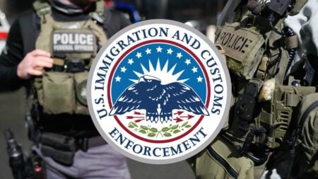 ICE Spent $207 Million on Pennsylvania Facilities, Now Reports Suggest Some Could Be Sold: ‘How Is This Acceptable?’ Two ICE agents stand in the picture, with the agency's logo in front of it.
