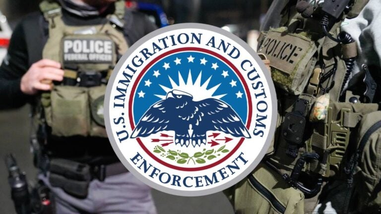 ICE Spent $207 Million on Pennsylvania Facilities, Now Reports Suggest Some Could Be Sold: ‘How Is This Acceptable?’ Two ICE agents stand in the picture, with the agency's logo in front of it.