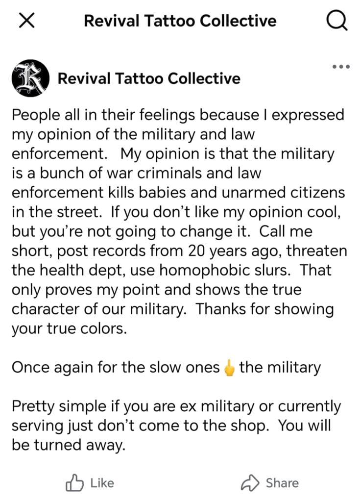 A picture of the Florida shop owner's post.
