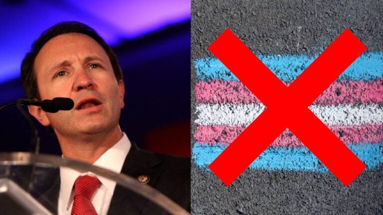 Louisiana Governor Jeff Landry (left); trans flag on a wall with a red X on it (right)