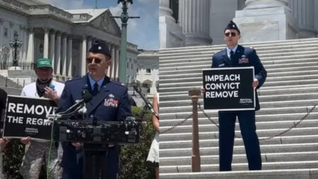 ‘He’s a Hero, Trump’s a Zero’: Outrage as USAF Major is Arrested for Calling for Trump Impeachment in Washington, DC Washington DC usaf major calls for Trump impeachment